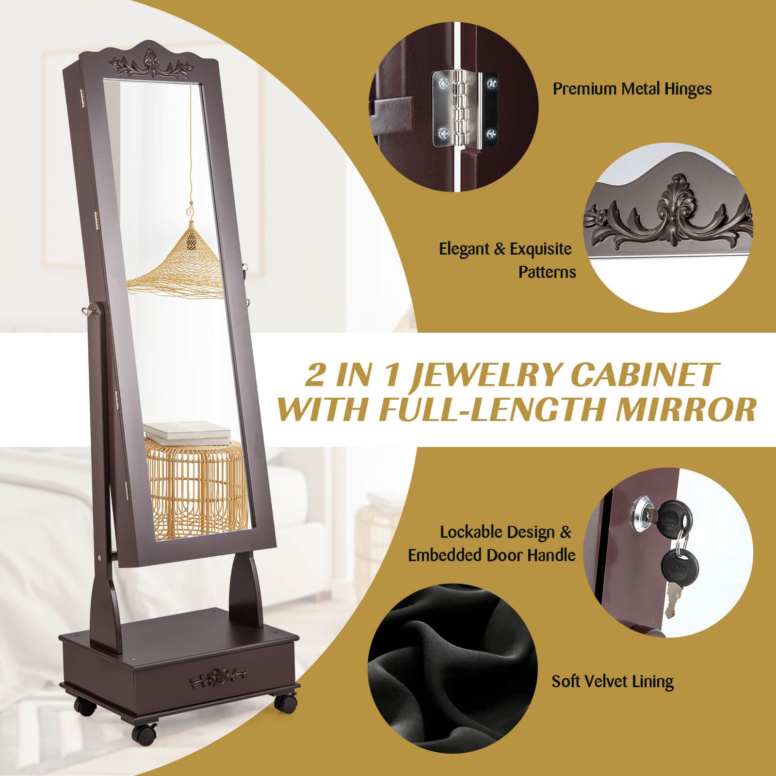 Mobile Jewelry Cabinet with Full Length Mirror and 6 LED Lights